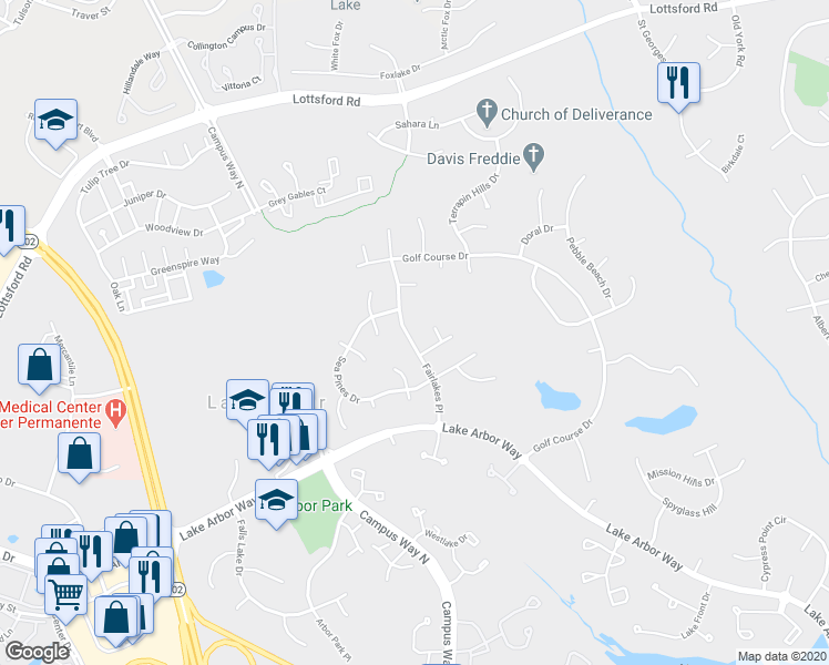 map of restaurants, bars, coffee shops, grocery stores, and more near 1413 Fairlakes Place in Bowie