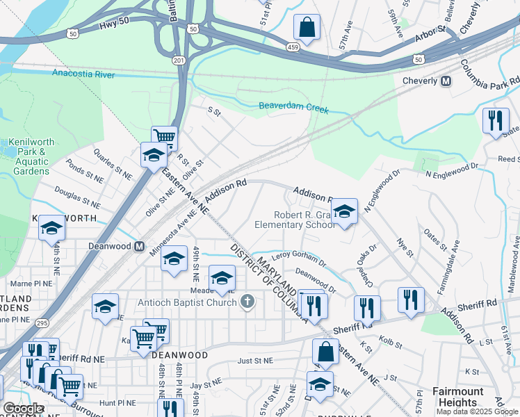 map of restaurants, bars, coffee shops, grocery stores, and more near 1513 Beaver Heights Ln in Capitol Heights