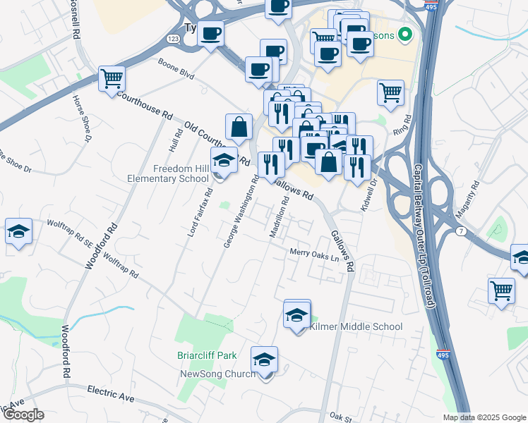 map of restaurants, bars, coffee shops, grocery stores, and more near 8107 Madrillon Court in Vienna