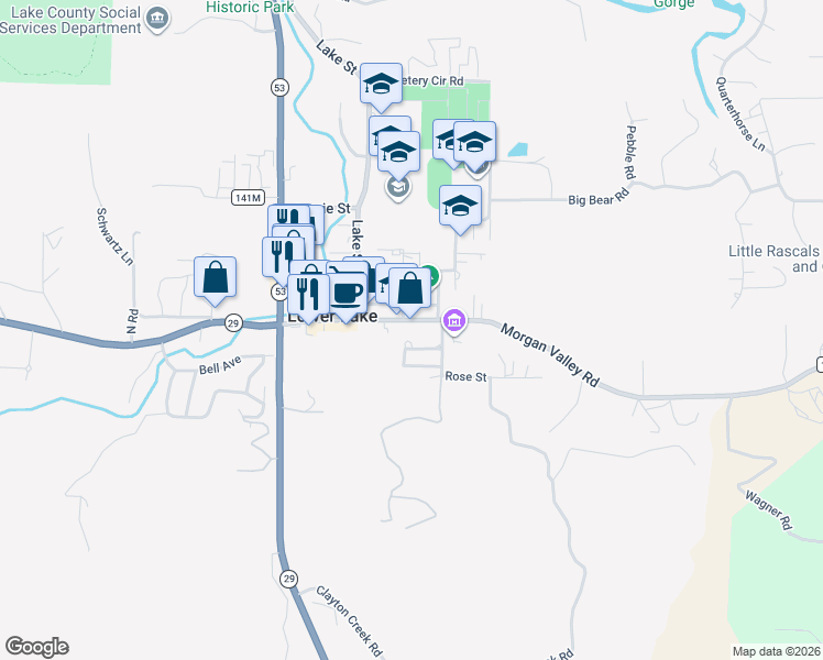 map of restaurants, bars, coffee shops, grocery stores, and more near 16345 Main Street in Lower Lake