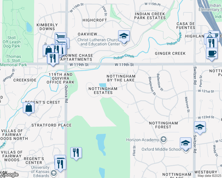 map of restaurants, bars, coffee shops, grocery stores, and more near 11137 West 121st Street in Overland Park