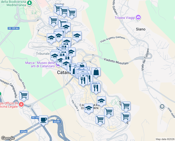 map of restaurants, bars, coffee shops, grocery stores, and more near 13 Via Vincenzo Ciaccio in Catanzaro