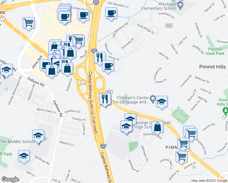 map of restaurants, bars, coffee shops, grocery stores, and more near 2029 Magarity Court in Falls Church