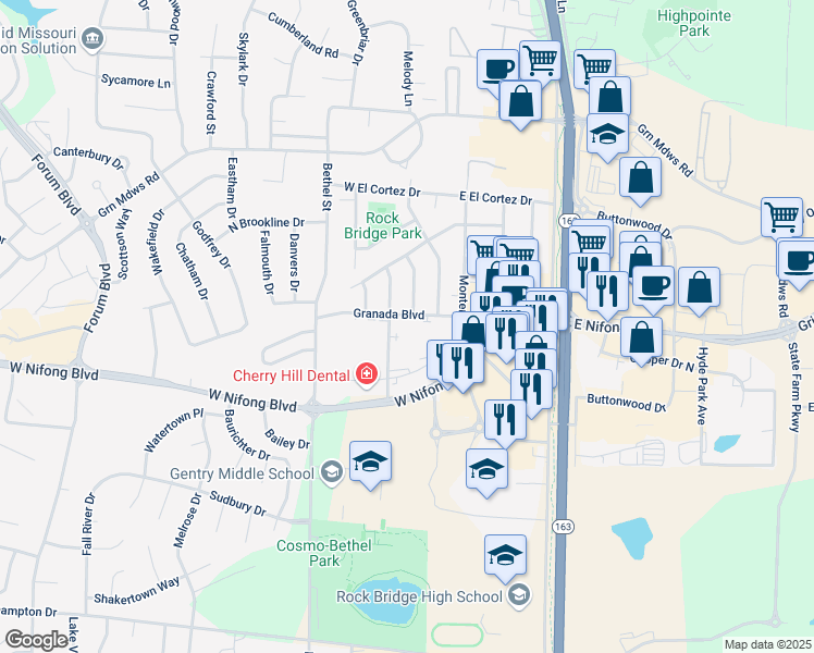 map of restaurants, bars, coffee shops, grocery stores, and more near 104 Granada Boulevard in Columbia