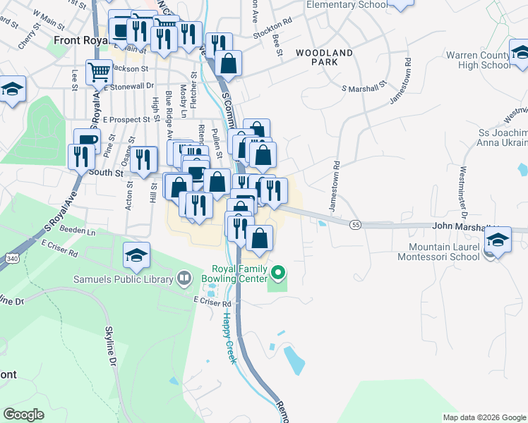 map of restaurants, bars, coffee shops, grocery stores, and more near 851 John Marshall Highway in Front Royal