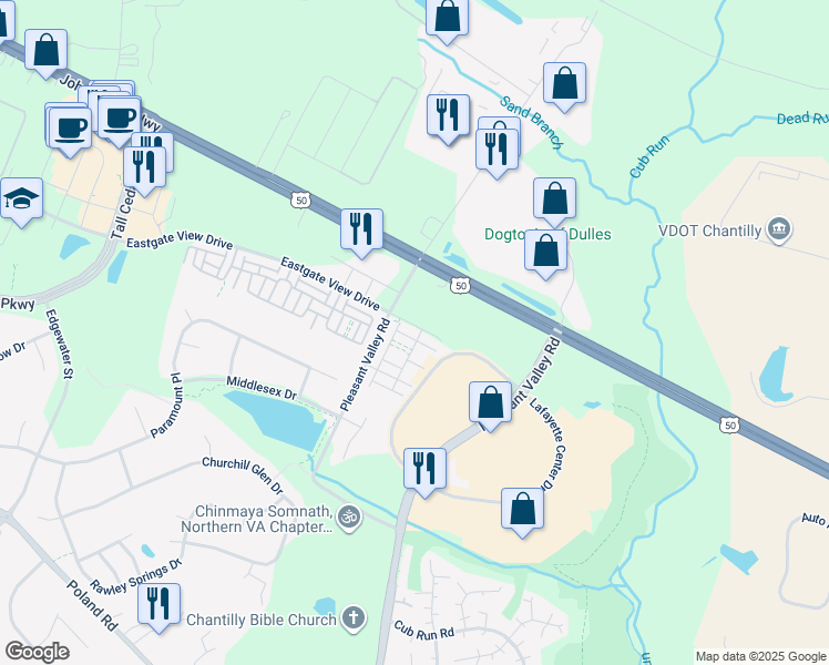 map of restaurants, bars, coffee shops, grocery stores, and more near 44135 Eastgate View Drive in Chantilly