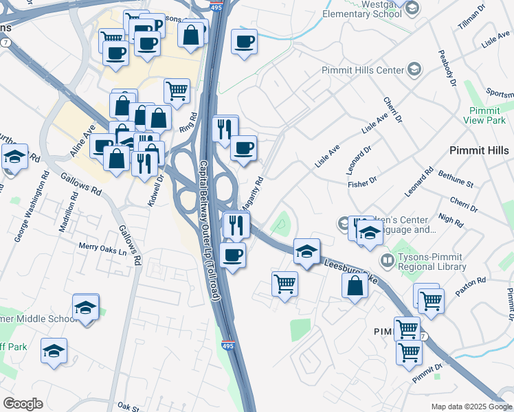 map of restaurants, bars, coffee shops, grocery stores, and more near 2029 Magarity Court in Falls Church