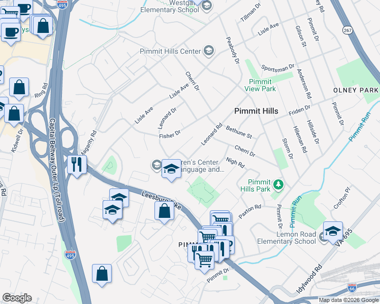 map of restaurants, bars, coffee shops, grocery stores, and more near 2016 Leonard Road in Falls Church