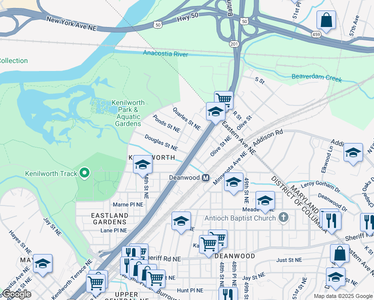 map of restaurants, bars, coffee shops, grocery stores, and more near 4530 Douglas Street Northeast in Washington