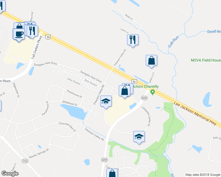 map of restaurants, bars, coffee shops, grocery stores, and more near 44133 Eastgate View Drive in Chantilly