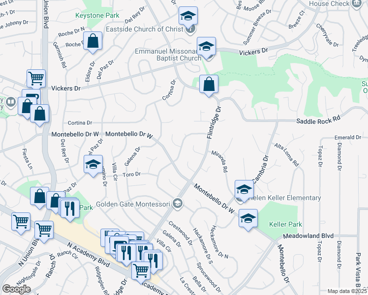 map of restaurants, bars, coffee shops, grocery stores, and more near 5389 Mira Loma Circle in Colorado Springs