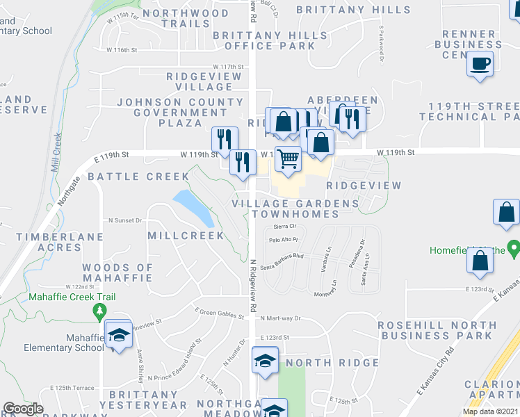 map of restaurants, bars, coffee shops, grocery stores, and more near 1341 East 120th Street in Olathe