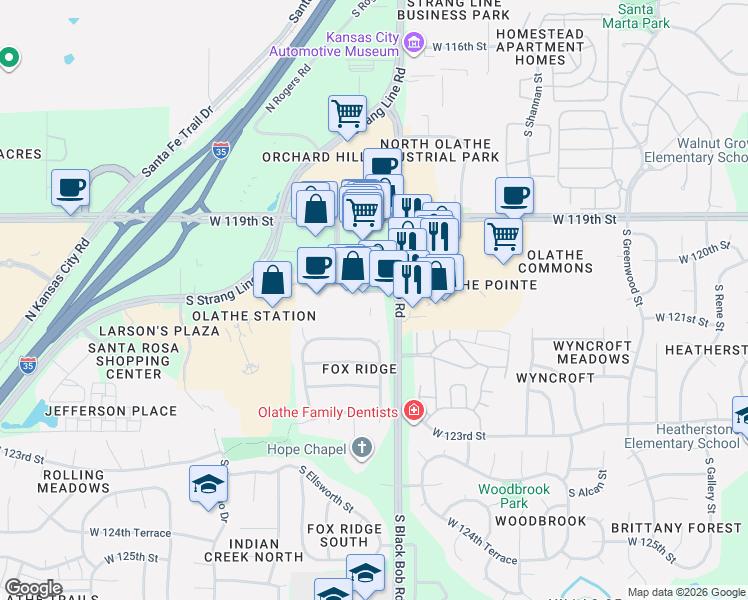 map of restaurants, bars, coffee shops, grocery stores, and more near 15309 West 119th Street in Olathe