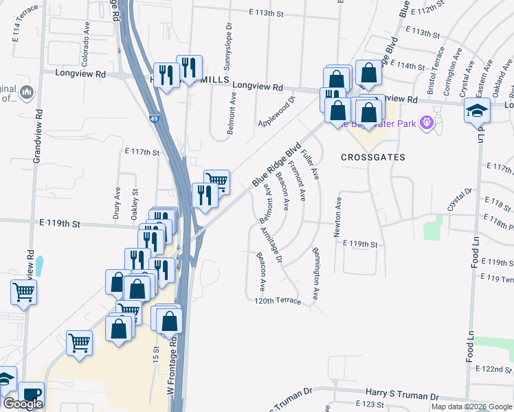 map of restaurants, bars, coffee shops, grocery stores, and more near 11809 Armitage Drive in Kansas City