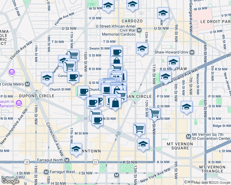 map of restaurants, bars, coffee shops, grocery stores, and more near 1413 P Street Northwest in Washington