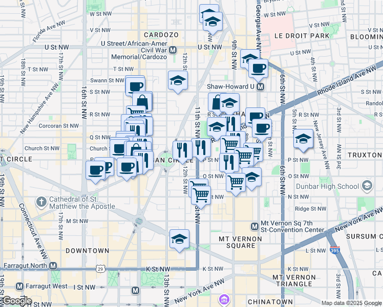 map of restaurants, bars, coffee shops, grocery stores, and more near 1110 Rhode Island Avenue Northwest in Washington