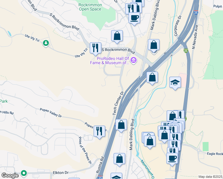 map of restaurants, bars, coffee shops, grocery stores, and more near 5450 Tech Center Drive in Colorado Springs