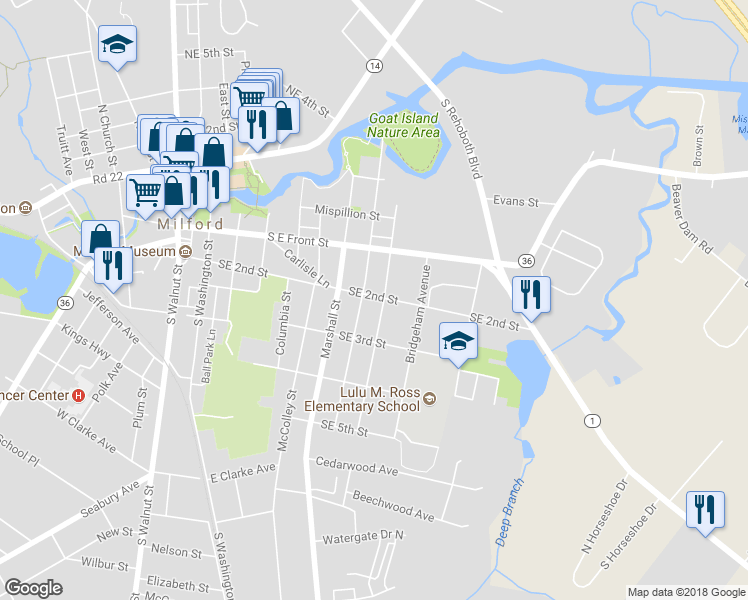map of restaurants, bars, coffee shops, grocery stores, and more near 702 Southeast 2nd Street in Milford