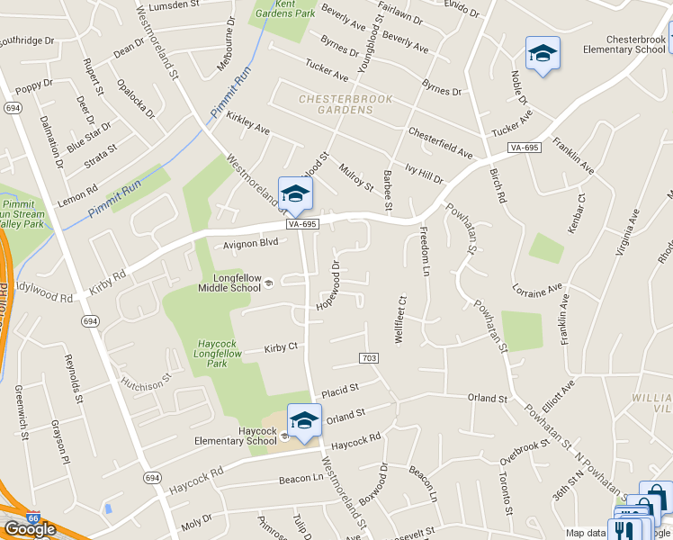 map of restaurants, bars, coffee shops, grocery stores, and more near Hopewood Drive in Falls Church