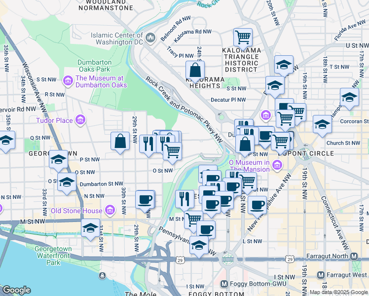 map of restaurants, bars, coffee shops, grocery stores, and more near 2516 Q Street Northwest in Washington