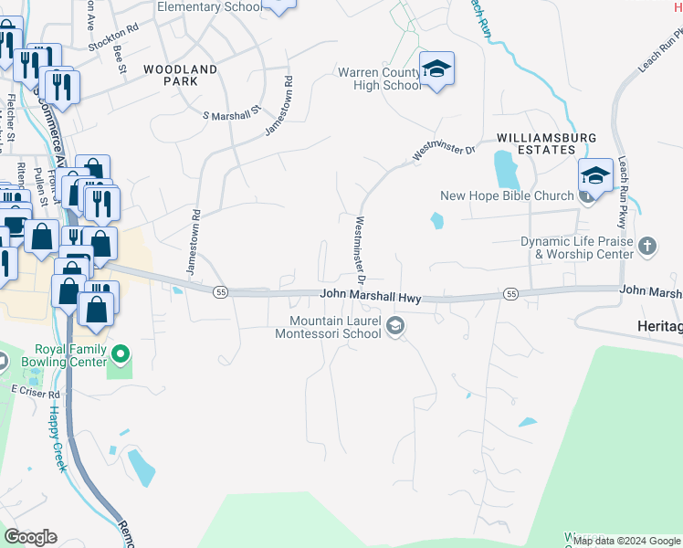 map of restaurants, bars, coffee shops, grocery stores, and more near 4 Shenandoah Commons Way in Front Royal