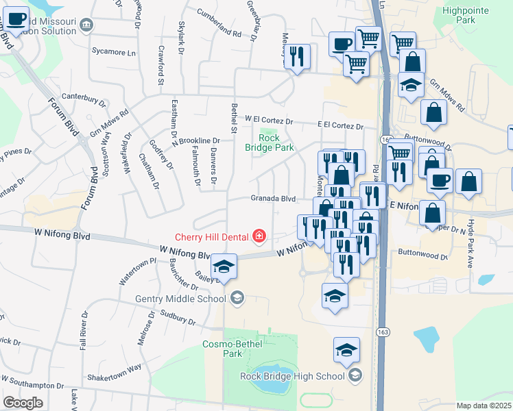 map of restaurants, bars, coffee shops, grocery stores, and more near 208 Granada Boulevard in Columbia