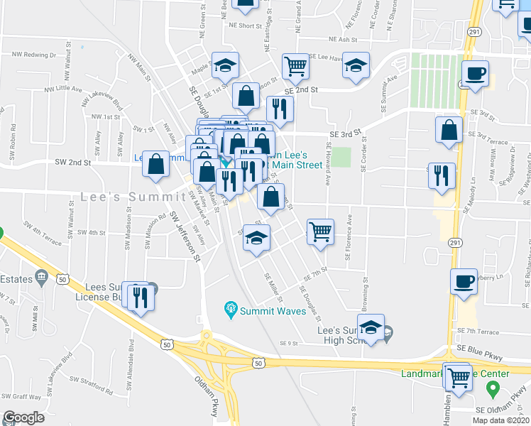 map of restaurants, bars, coffee shops, grocery stores, and more near 415 Southeast Douglas Street in Lee's Summit
