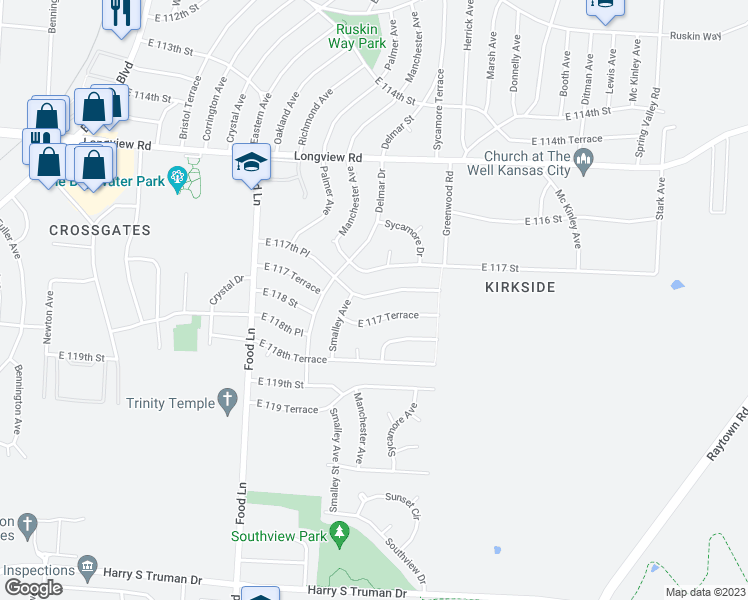 map of restaurants, bars, coffee shops, grocery stores, and more near 7825 East 117th Place in Kansas City
