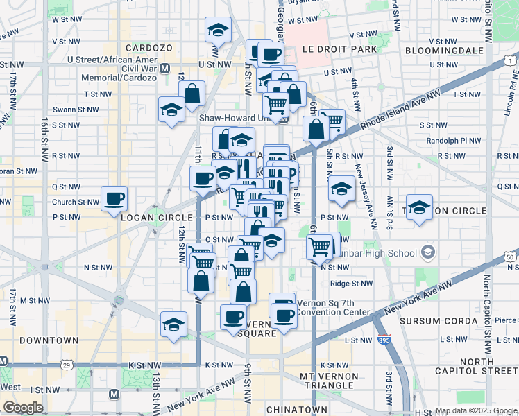 map of restaurants, bars, coffee shops, grocery stores, and more near 1514 8th Street Northwest in Washington