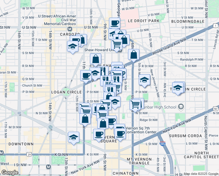 map of restaurants, bars, coffee shops, grocery stores, and more near 1514 8th Street Northwest in Washington