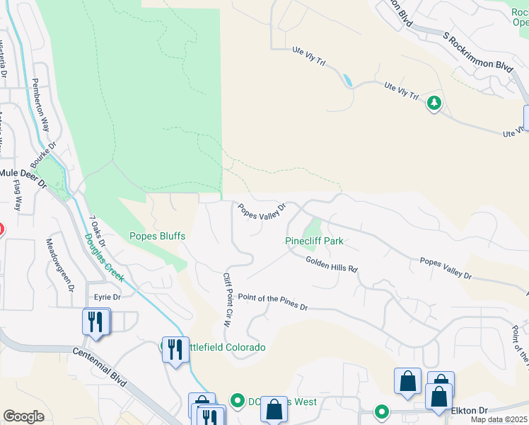 map of restaurants, bars, coffee shops, grocery stores, and more near 1070 Popes Valley Drive in Colorado Springs