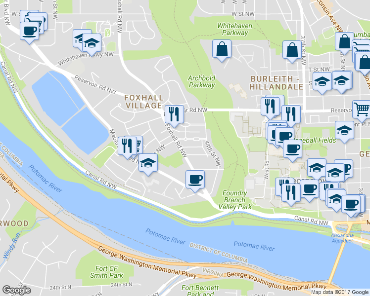 map of restaurants, bars, coffee shops, grocery stores, and more near 1543 Foxhall Road Northwest in Washington