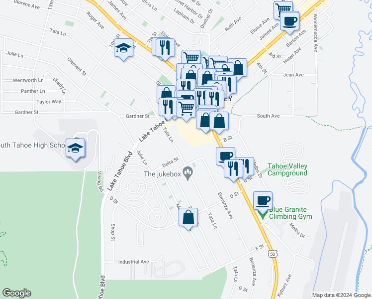 map of restaurants, bars, coffee shops, grocery stores, and more near 1055 Tata Lane in South Lake Tahoe