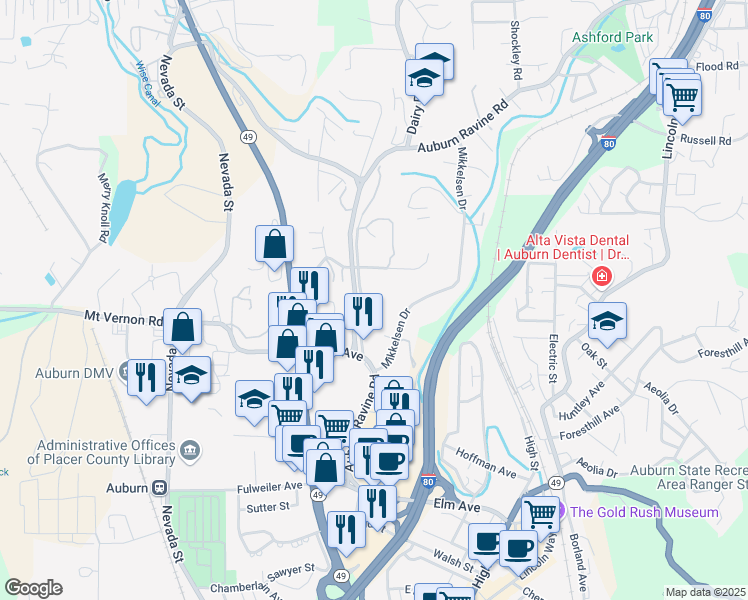 map of restaurants, bars, coffee shops, grocery stores, and more near 600 Auburn Ravine Road in Auburn