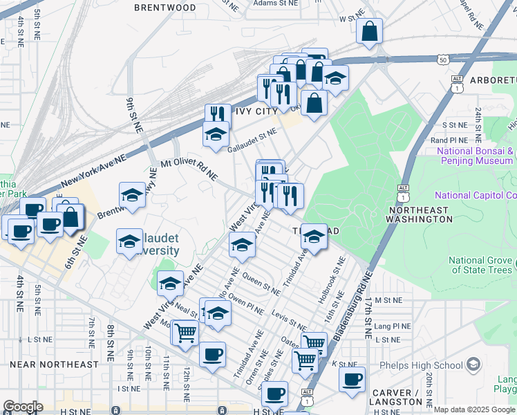 map of restaurants, bars, coffee shops, grocery stores, and more near 101 Independence Avenue Southeast in Washington
