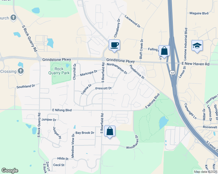 map of restaurants, bars, coffee shops, grocery stores, and more near 3558 Prescott Drive in Columbia