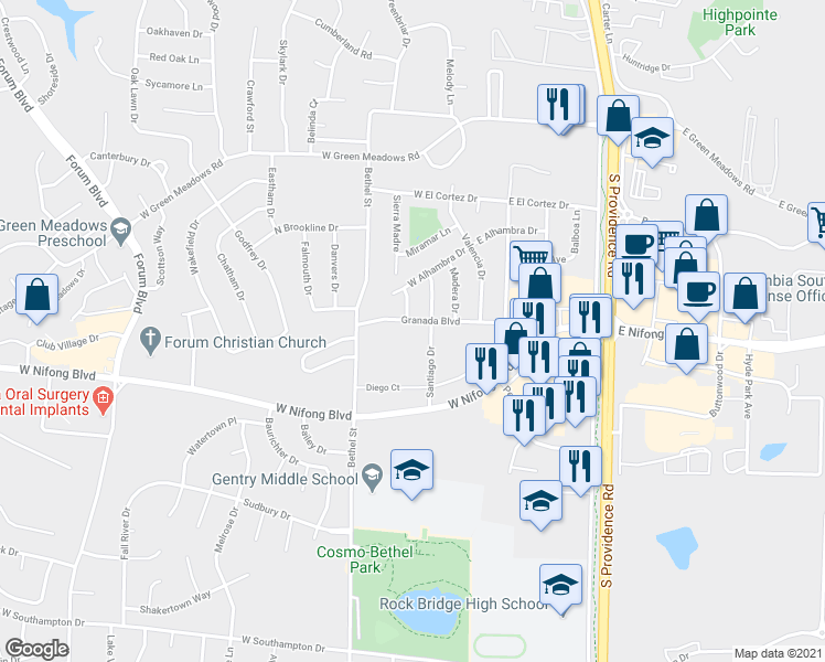 map of restaurants, bars, coffee shops, grocery stores, and more near 208 Granada Boulevard in Columbia