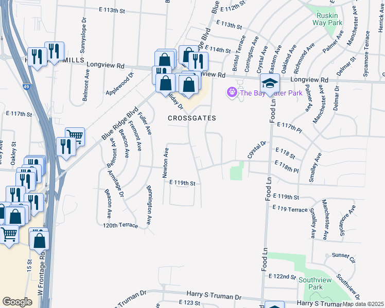 map of restaurants, bars, coffee shops, grocery stores, and more near 11803 Holiday Drive in Kansas City