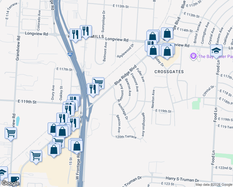 map of restaurants, bars, coffee shops, grocery stores, and more near 11809 Armitage Drive in Kansas City
