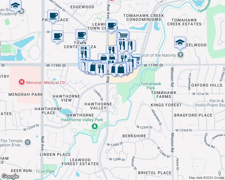 map of restaurants, bars, coffee shops, grocery stores, and more near 11500 Granada Street in Leawood