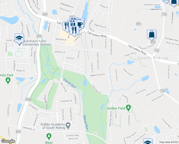 map of restaurants, bars, coffee shops, grocery stores, and more near 43178 Maple Cross Street in Chantilly