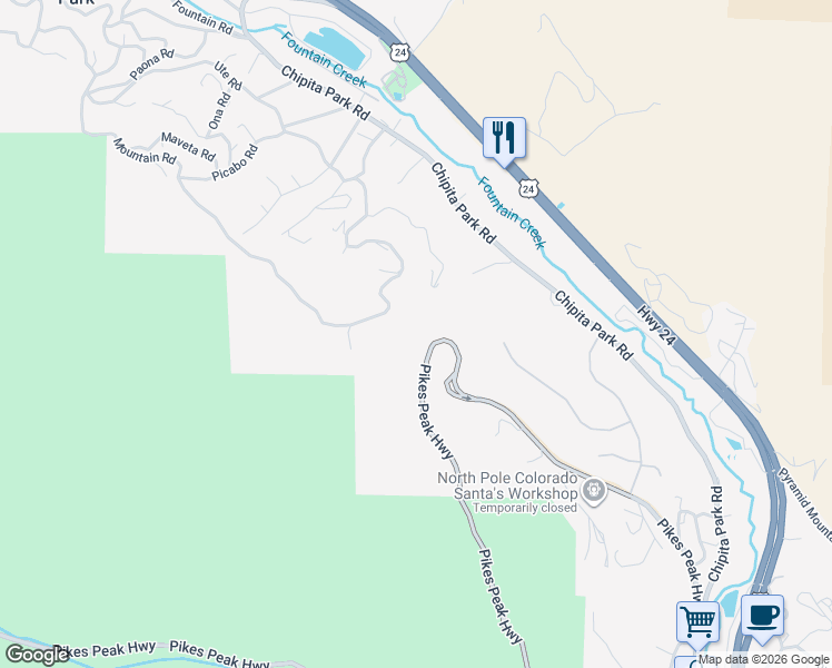 map of restaurants, bars, coffee shops, grocery stores, and more near 5295 Kulsa Road in Cascade-Chipita Park
