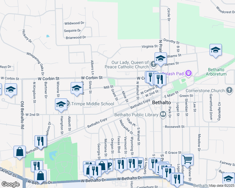 map of restaurants, bars, coffee shops, grocery stores, and more near 520 5th Street in Bethalto