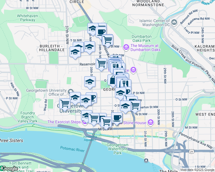 map of restaurants, bars, coffee shops, grocery stores, and more near 3400 Volta Place Northwest in Washington