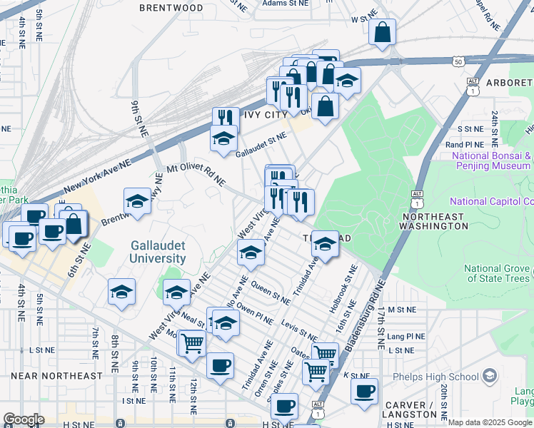 map of restaurants, bars, coffee shops, grocery stores, and more near 101 Independence Avenue Southeast in Washington