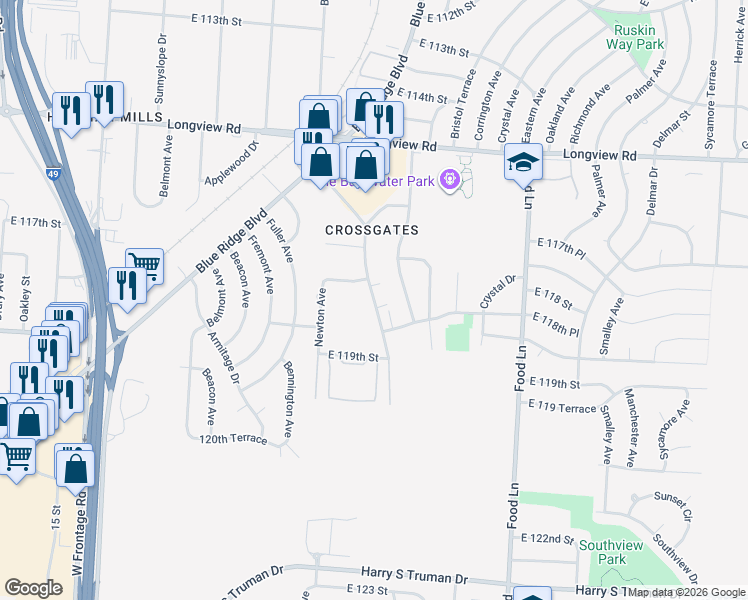 map of restaurants, bars, coffee shops, grocery stores, and more near 11803 Holiday Drive in Kansas City