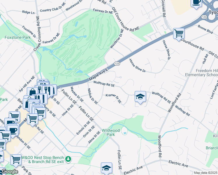 map of restaurants, bars, coffee shops, grocery stores, and more near 403 Wolftrap Road Southeast in Vienna
