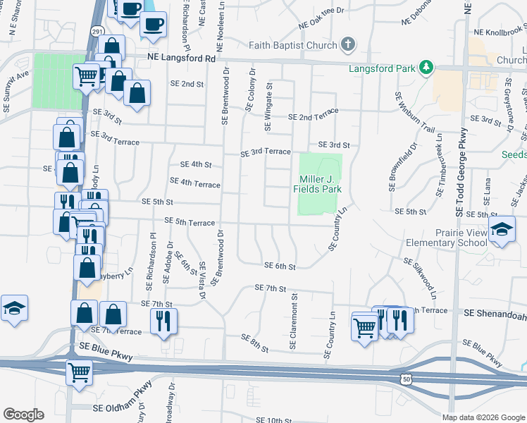 map of restaurants, bars, coffee shops, grocery stores, and more near 1205 Southeast 5th Street in Lee's Summit