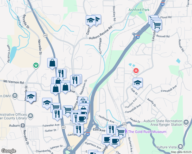 map of restaurants, bars, coffee shops, grocery stores, and more near 788 Mikkelsen Drive in Auburn