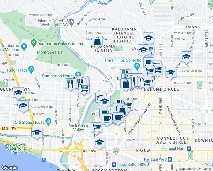 map of restaurants, bars, coffee shops, grocery stores, and more near in Washington